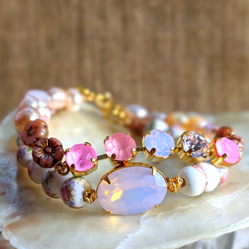 Victorian Darling Pink Opal Swarovski Crystal & Porcelain Beads Layered Bracelet